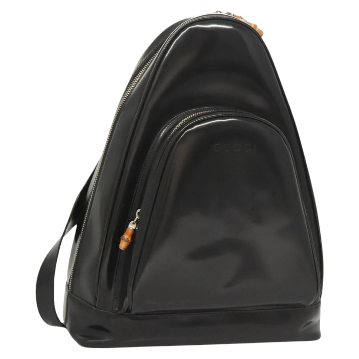 GUCCI Bamboo Shoulder Bag Enamel Black Silver 003 3444 0027 Auth am8391