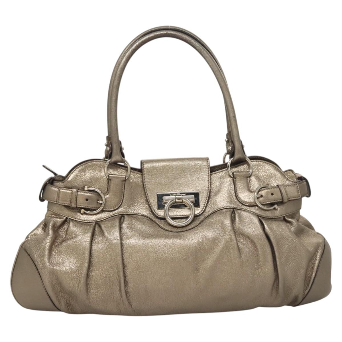 Salvatore Ferragamo Gancini Hand Bag Leather Gold Tone Silver Auth am8396