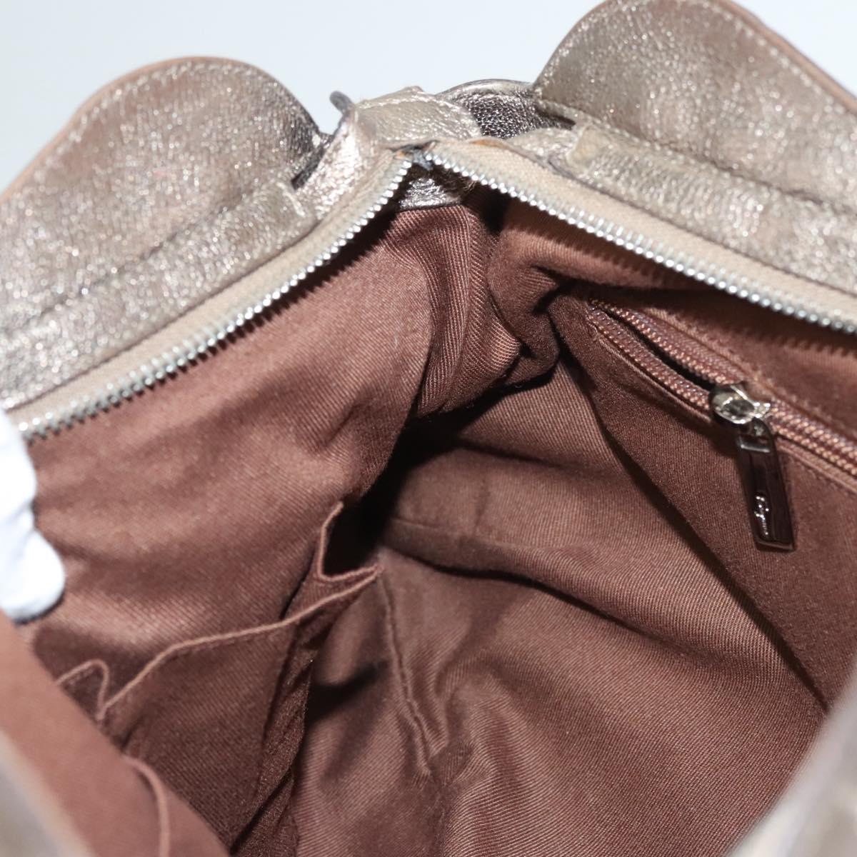 Salvatore Ferragamo Gancini Hand Bag Leather Gold Tone Silver Auth am8396