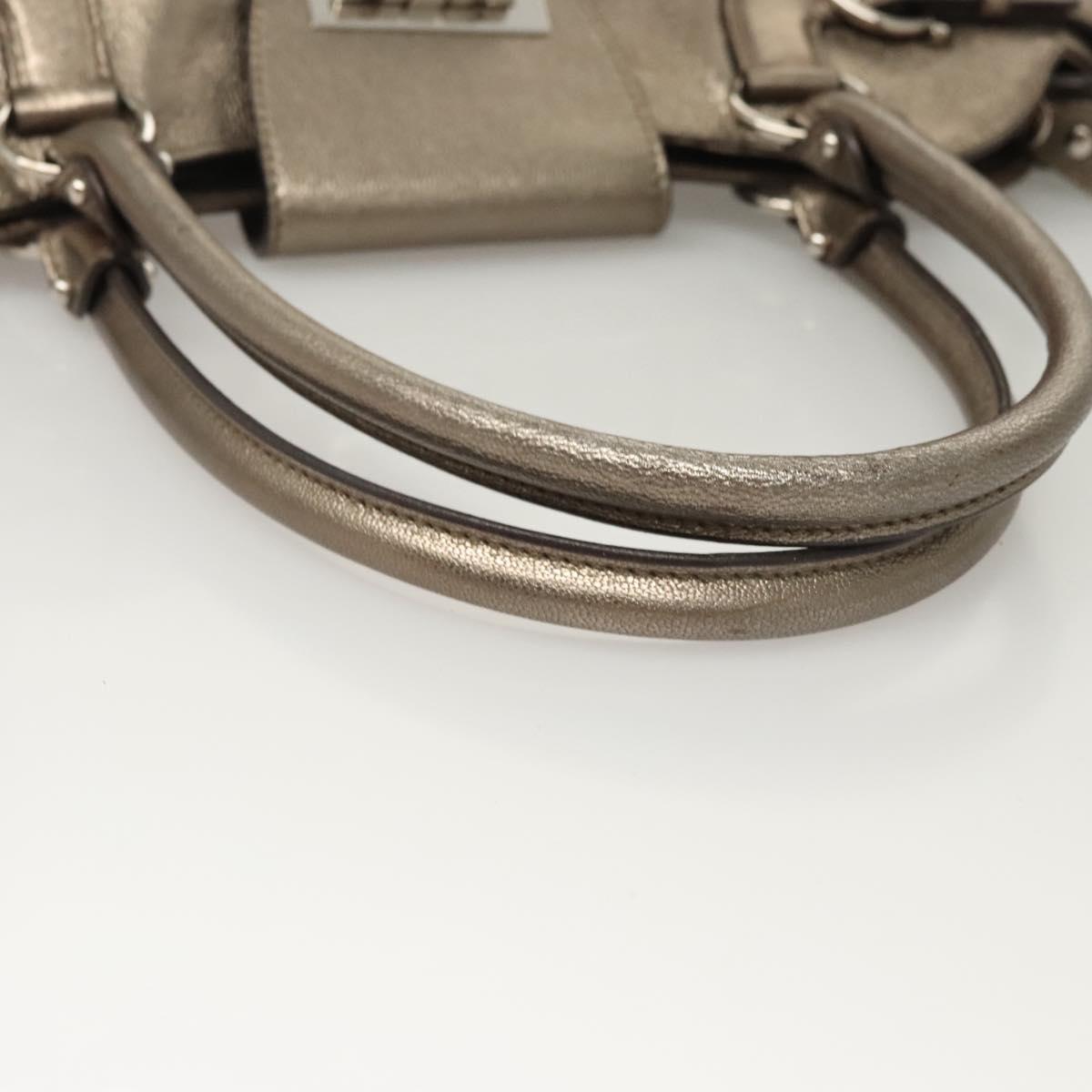 Salvatore Ferragamo Gancini Hand Bag Leather Gold Tone Silver Auth am8396