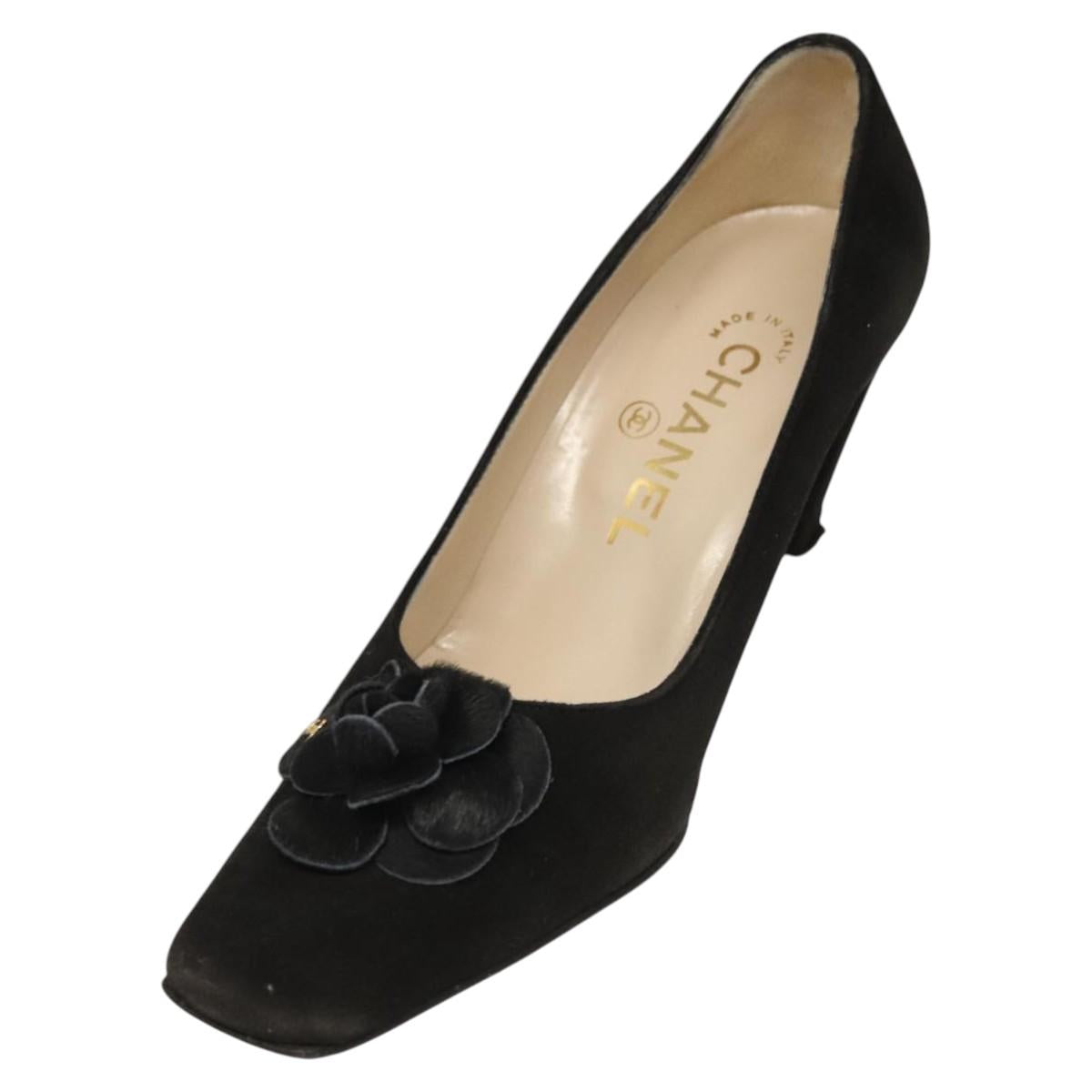 CHANEL Pumps shoes Suede Black CC Auth am8442