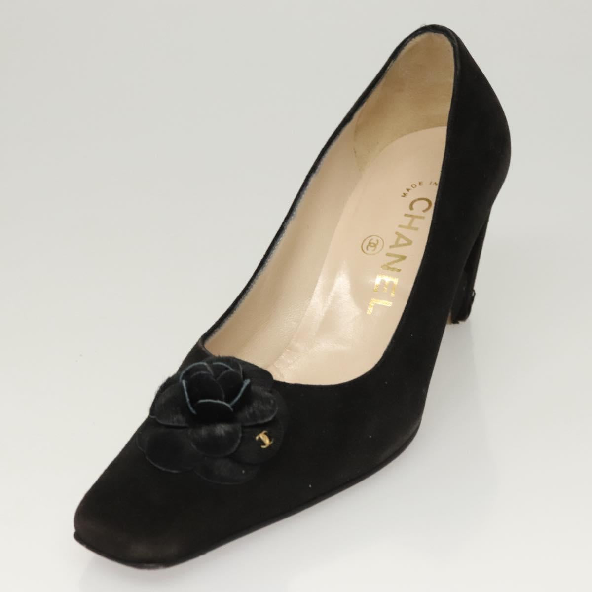 CHANEL Pumps shoes Suede Black CC Auth am8442
