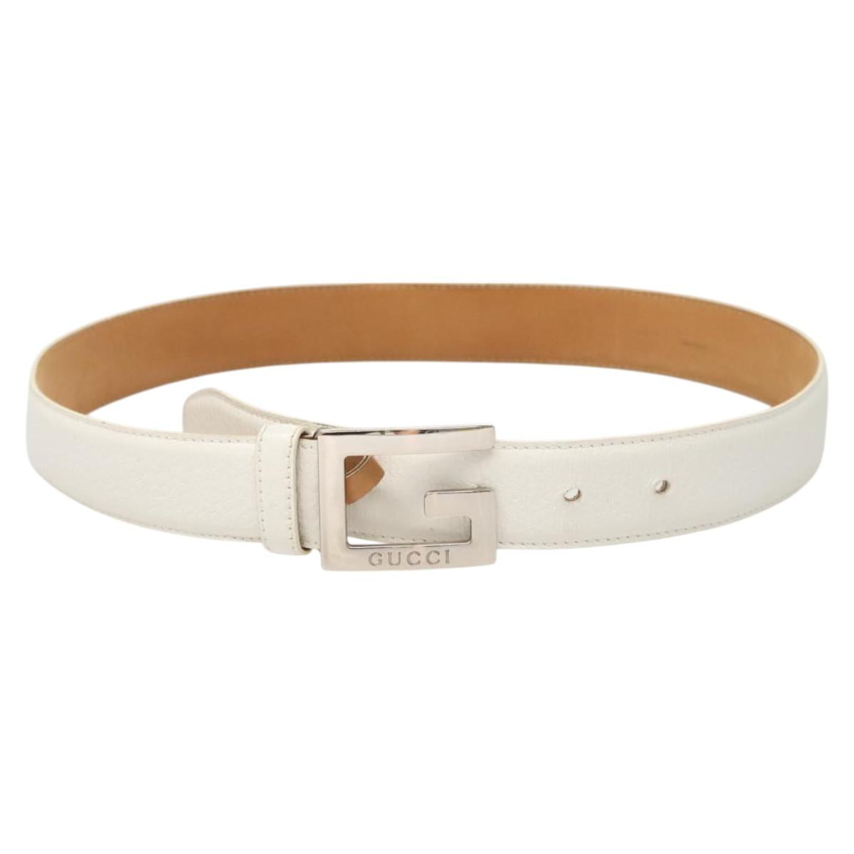 GUCCI Belt Leather 26.4""-28.1"" White Silver 037 0394 0959 Auth am8458