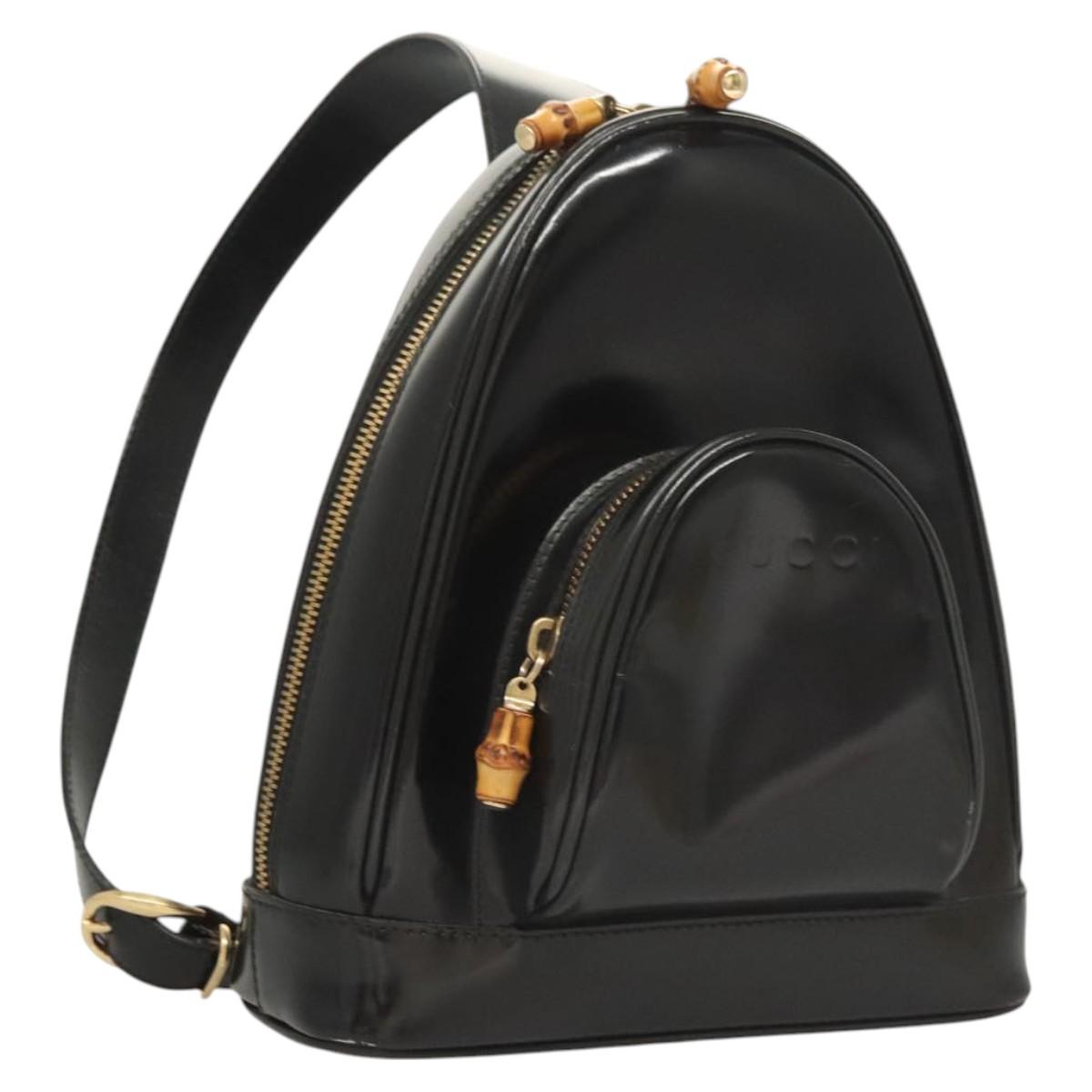 GUCCI Bamboo Shoulder Bag Enamel Black Gold 007 2113 0127 Auth am8459