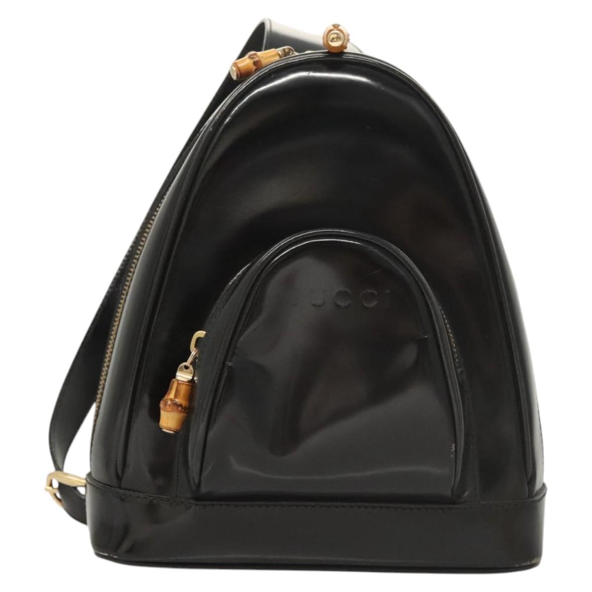 GUCCI Bamboo Shoulder Bag Enamel Black Gold 007 2113 0127 Auth am8459