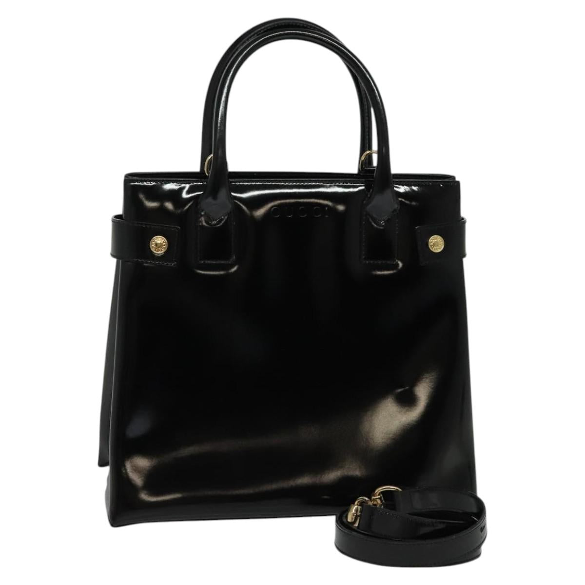 GUCCI Hand Bag Enamel 2way Black Gold 000 1046 0503 Auth am8463