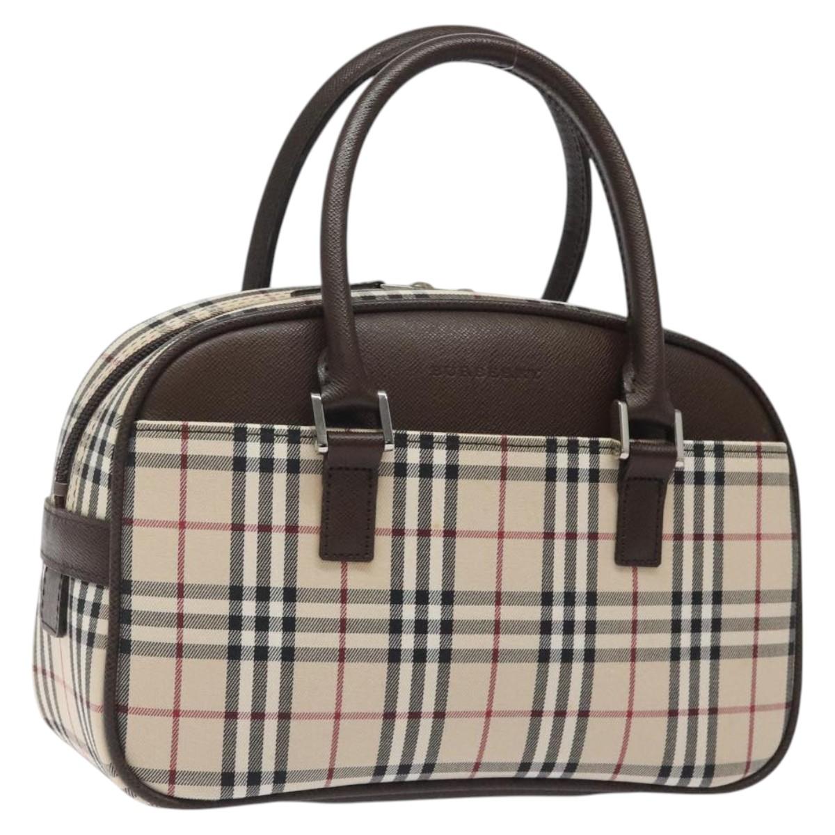 BURBERRY Nova Check Hand Bag Canvas Beige Silver Auth am8470
