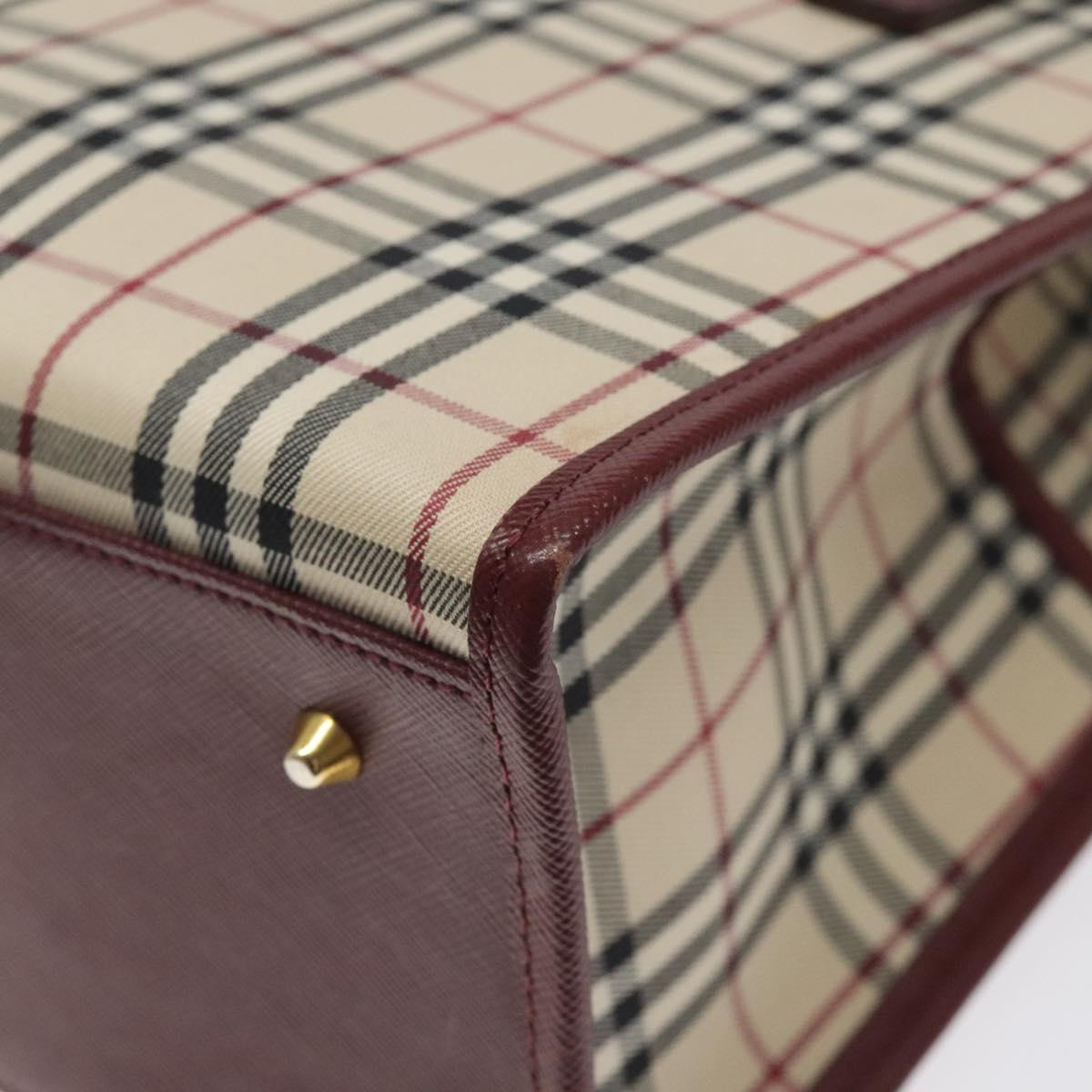 BURBERRY Nova Check Hand Bag Canvas Beige Wine Red gold Auth am8471