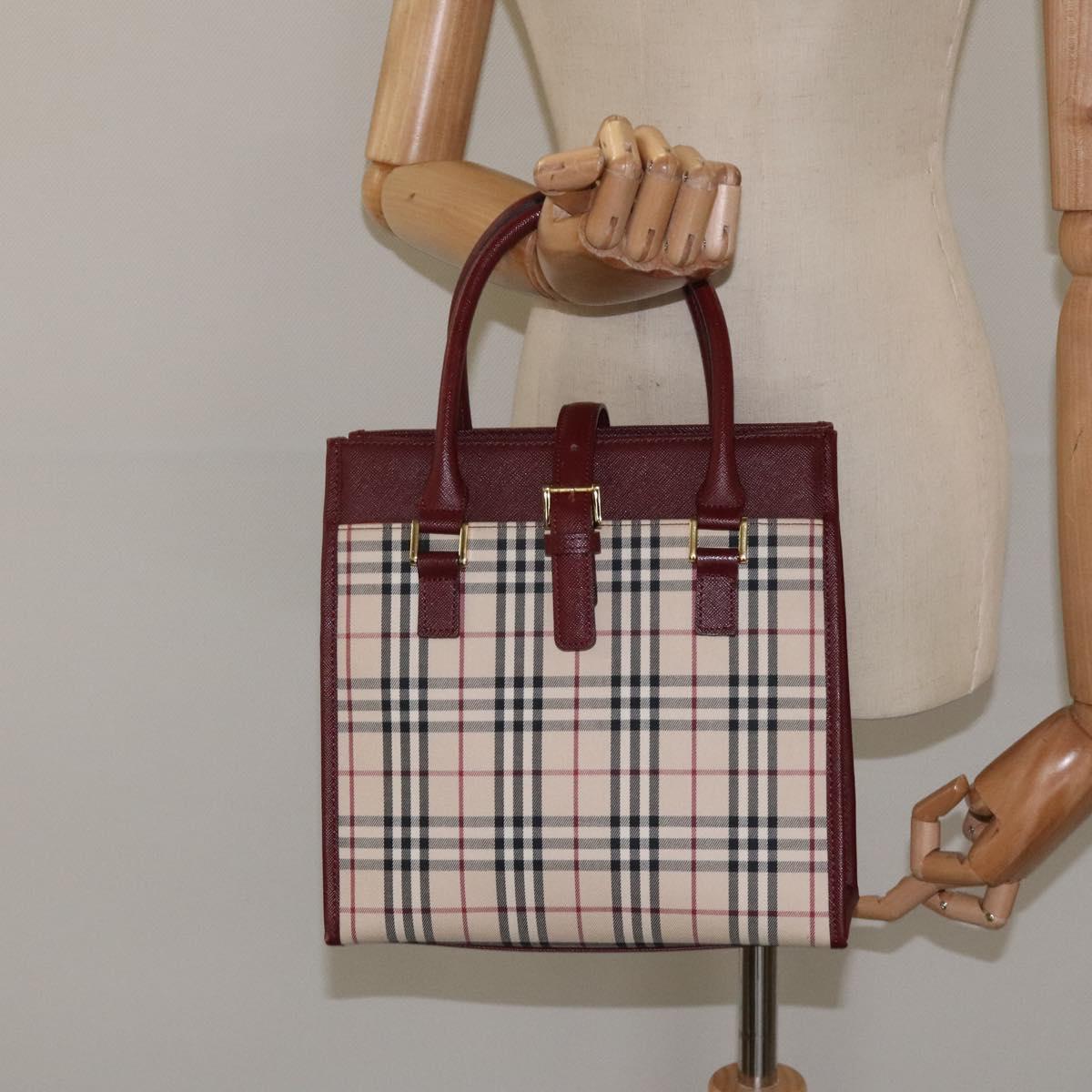 BURBERRY Nova Check Hand Bag Canvas Beige Wine Red gold Auth am8471