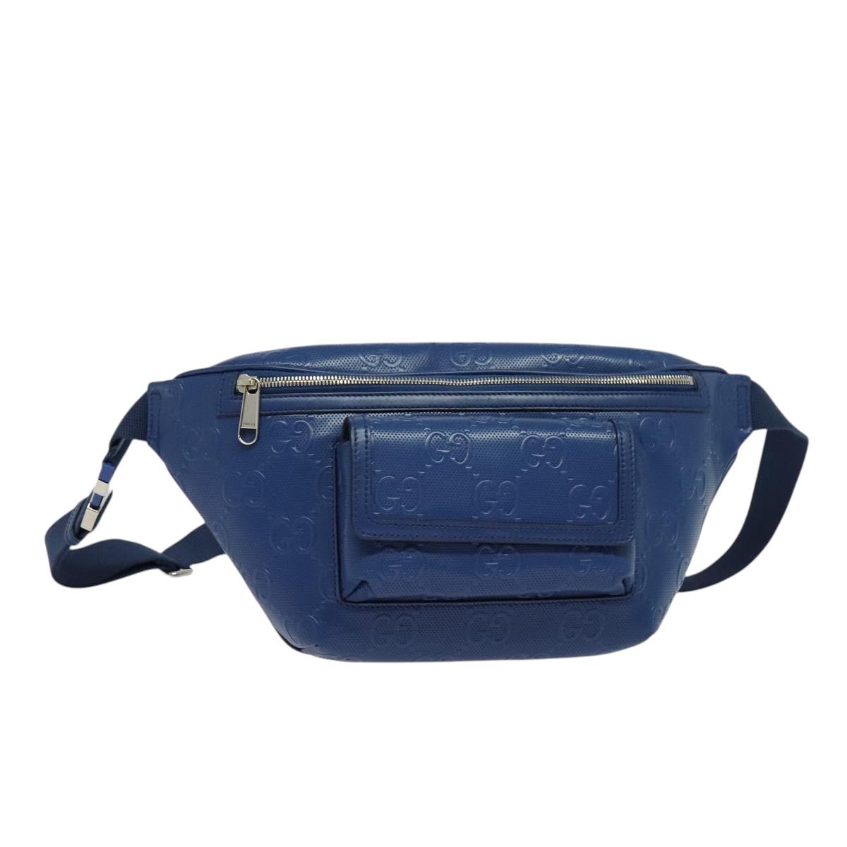 GUCCI GG Emboss Body Bag Silver Blue 645093 Auth am8486