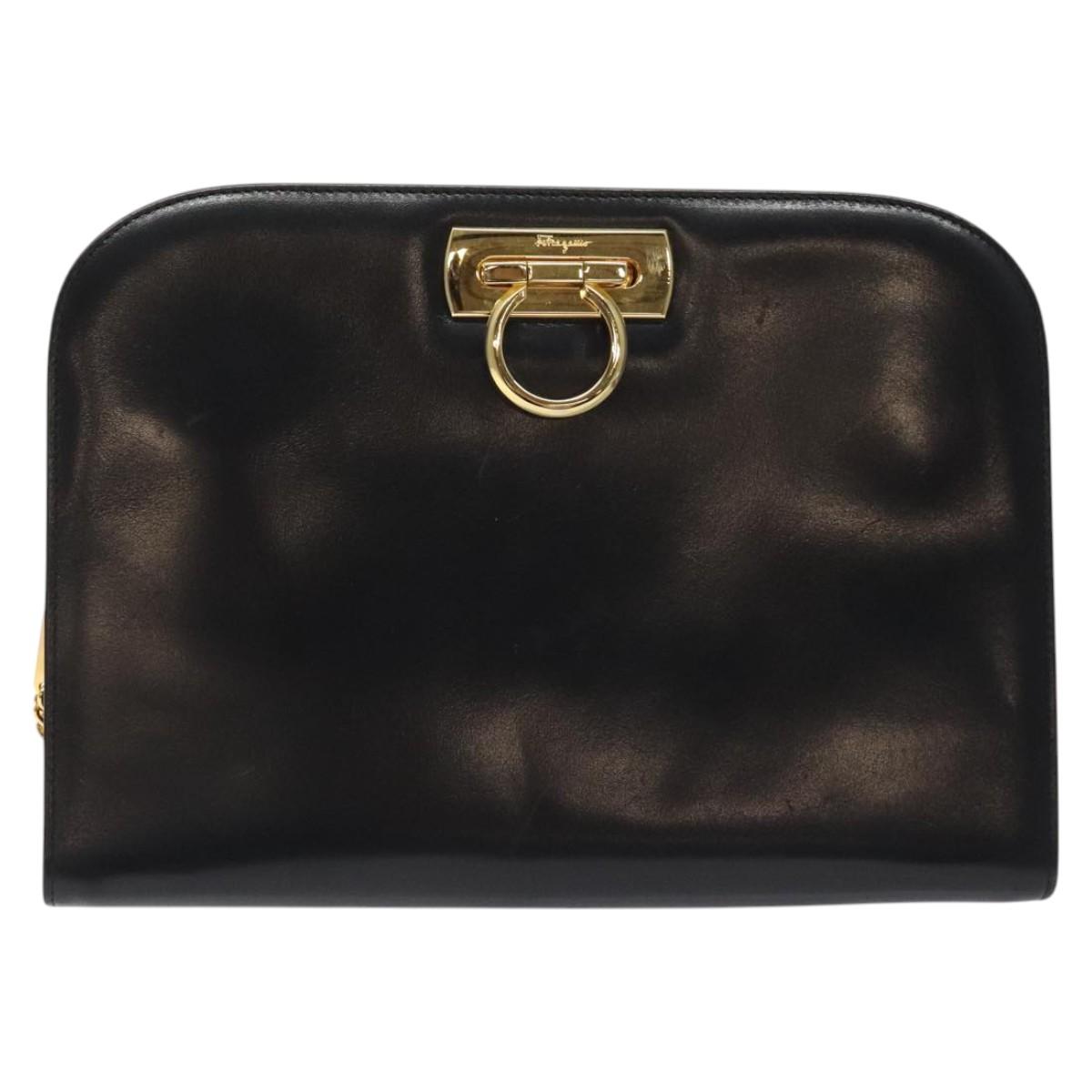 Salvatore Ferragamo Chain Shoulder Bag Leather Black Gold Auth am8545