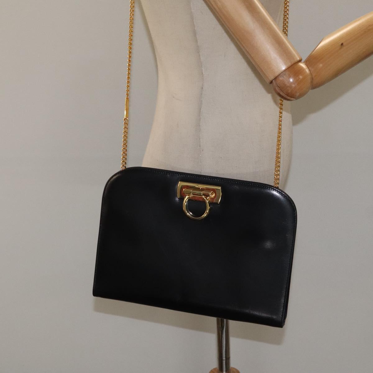 Salvatore Ferragamo Chain Shoulder Bag Leather Black Gold Auth am8545