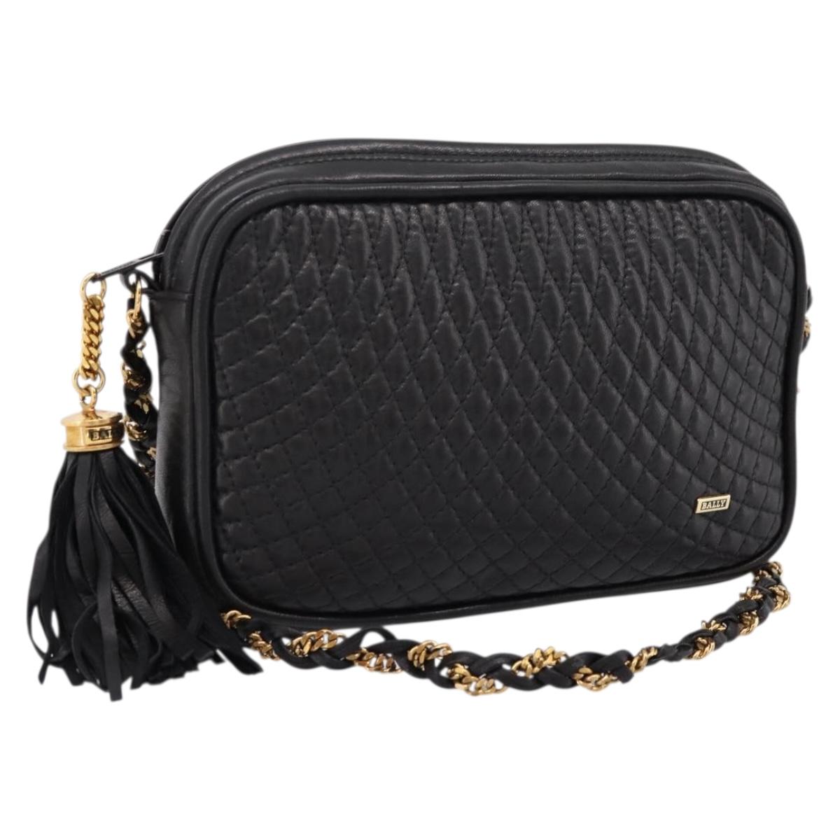 BALLY Chain Shoulder Bag Leather Black Gold Tone Auth am8614A