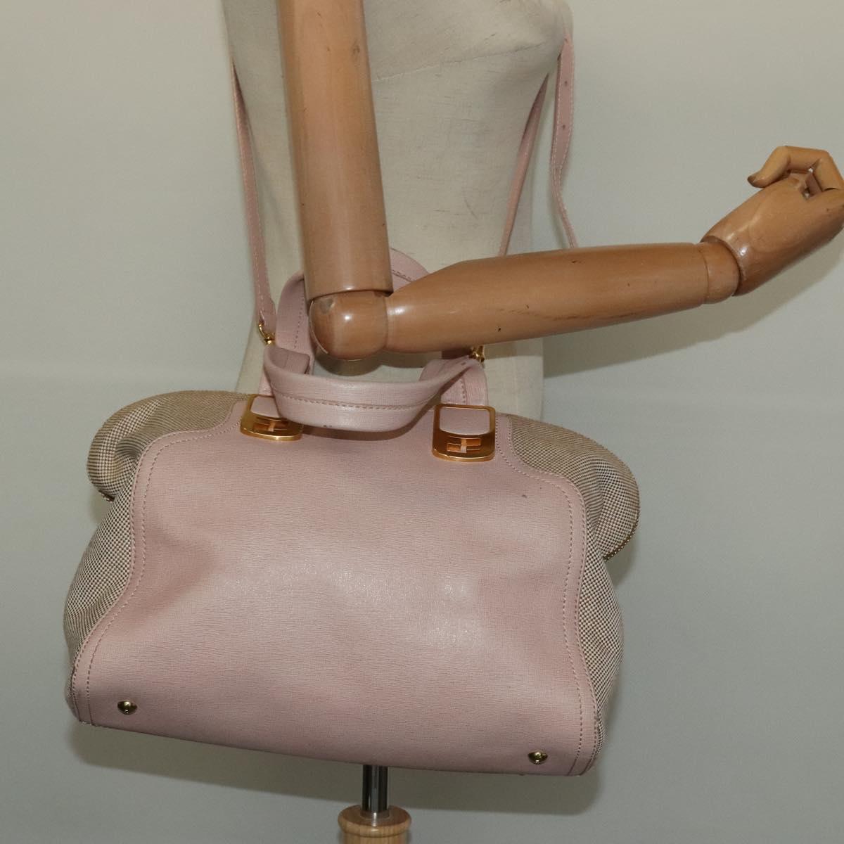 FENDI Chameleon Hand Bag Leather 2way Pink Gold Auth am8686