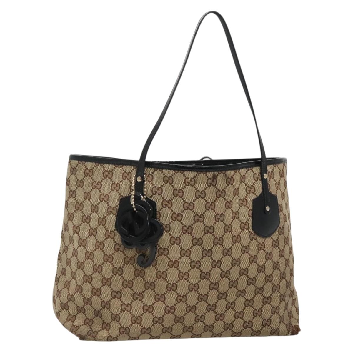 GUCCI GG Canvas Tote Bag Beige Black gold 211975 Auth am8715