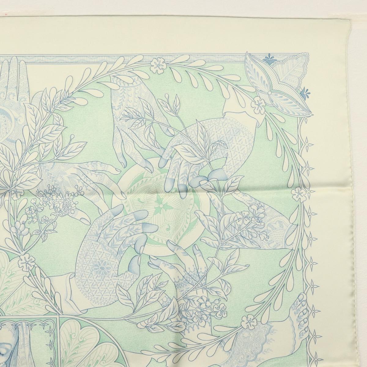 HERMES Carre 90 Scarf ""Les chants du Henne"" Silk Peppermint Auth am8731