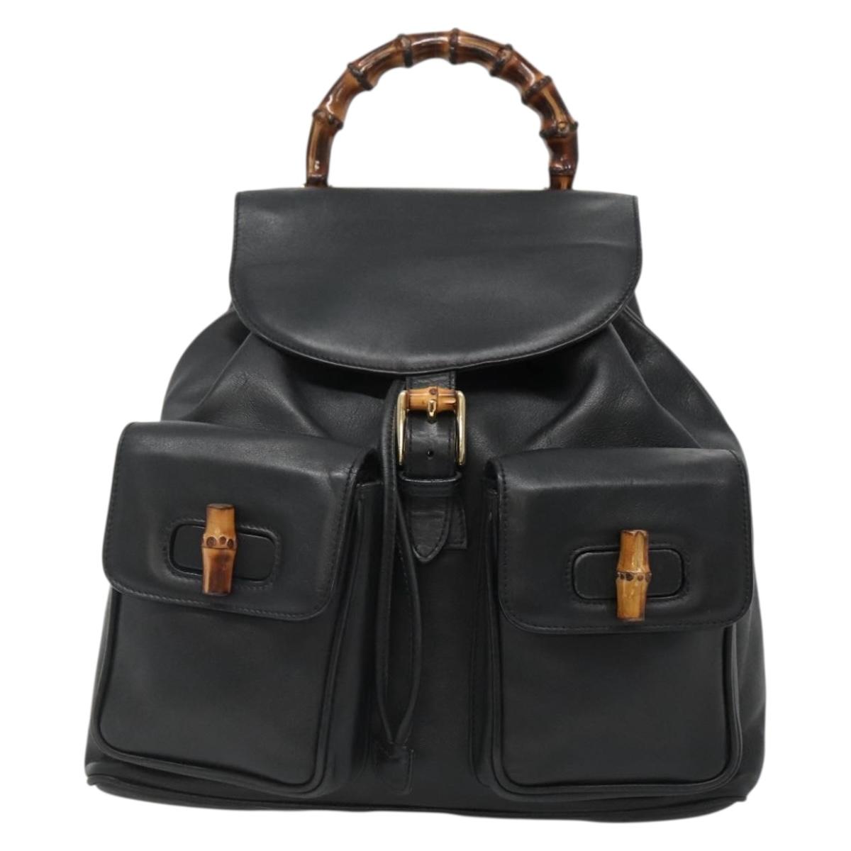 GUCCI Bamboo Backpack Leather Black Gold 008 2058 0016 Auth am8855