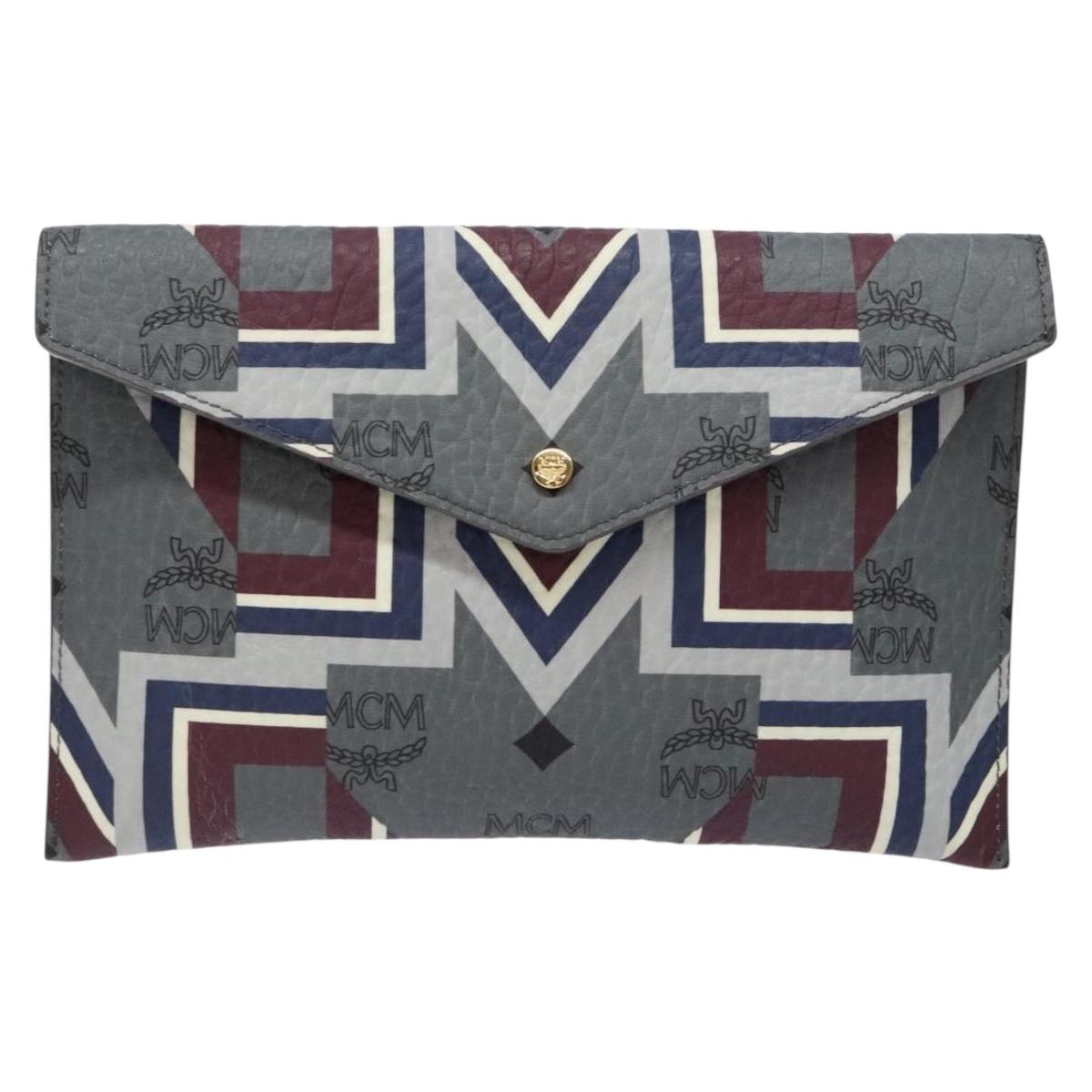 MCM Logogram Vicetos Clutch Bag PVC Leather Gray Gold Auth am8856