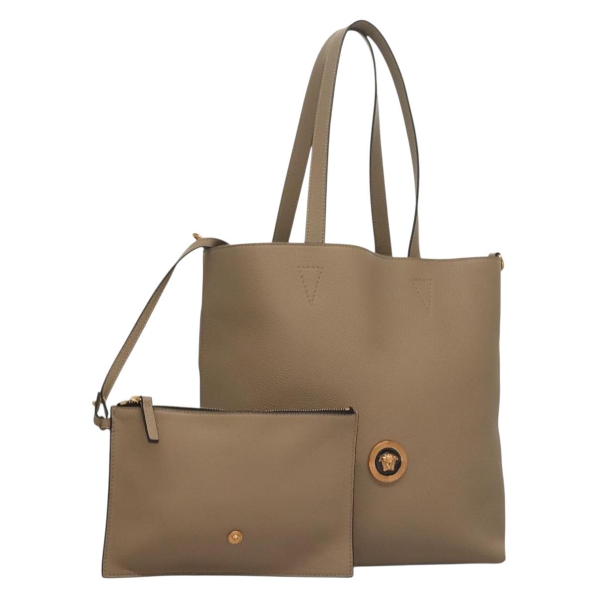 VERSACE Tote Bag Leather Beige Gold Auth am8882