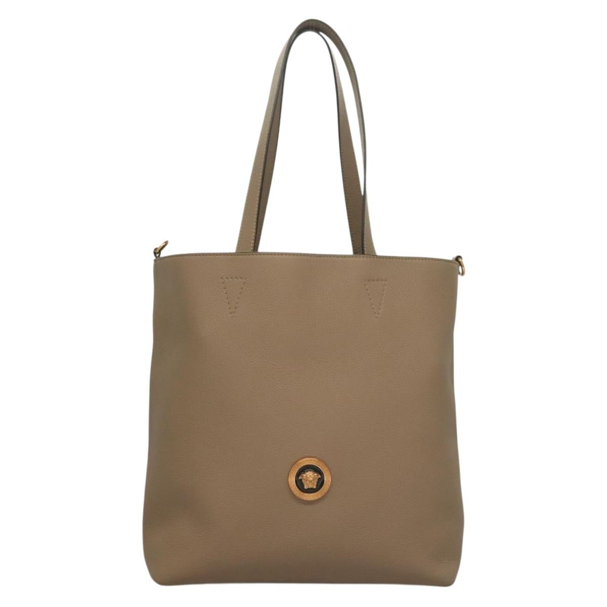 VERSACE Tote Bag Leather Beige Gold Auth am8882