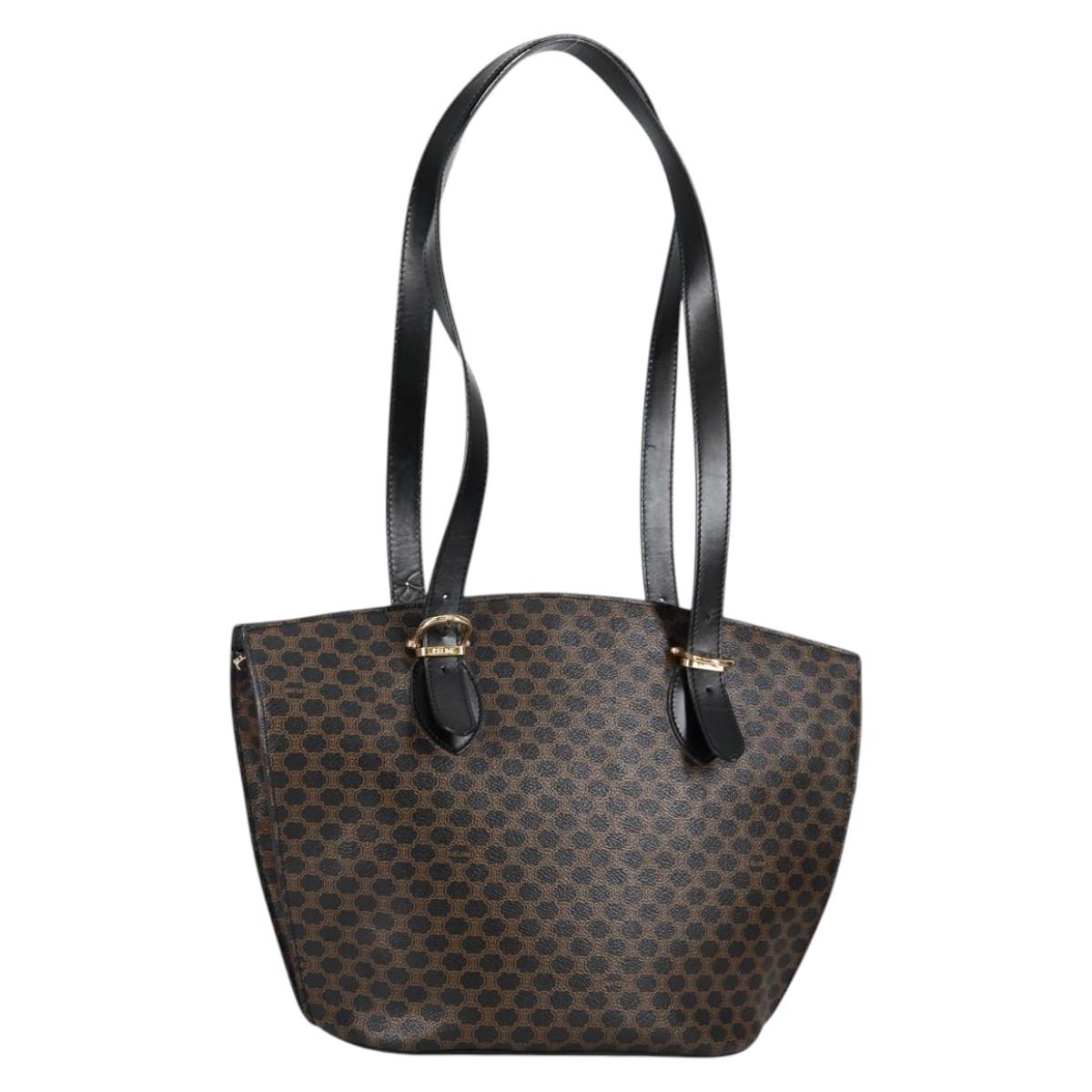 CELINE Macadam Canvas Shoulder Bag PVC Leather Black Gold Auth am8906V