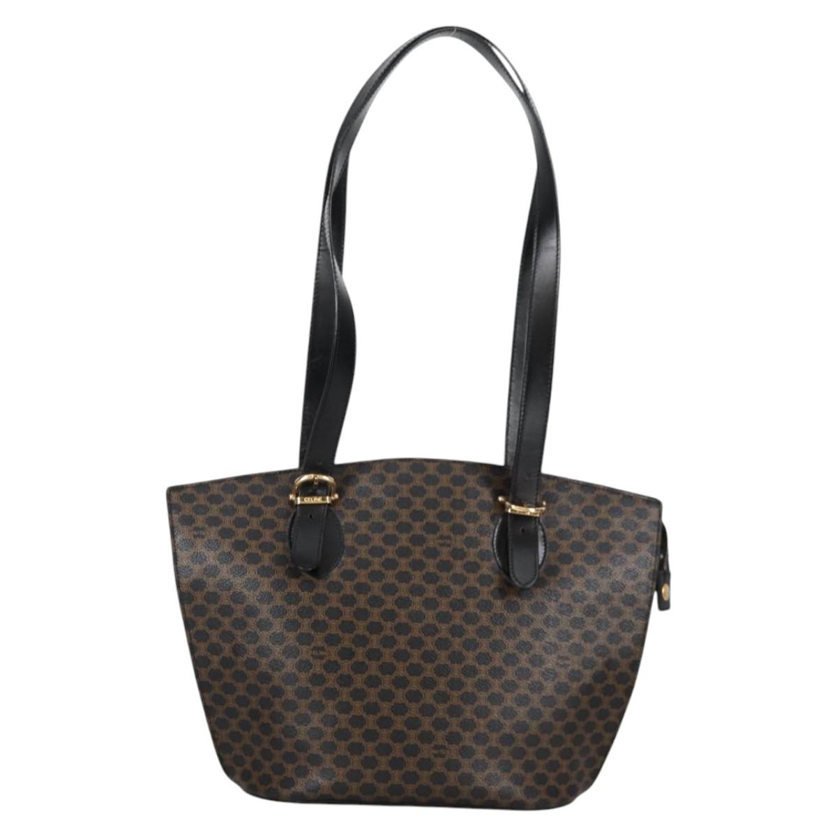 CELINE Macadam Canvas Shoulder Bag PVC Leather Black Gold Auth am8906V