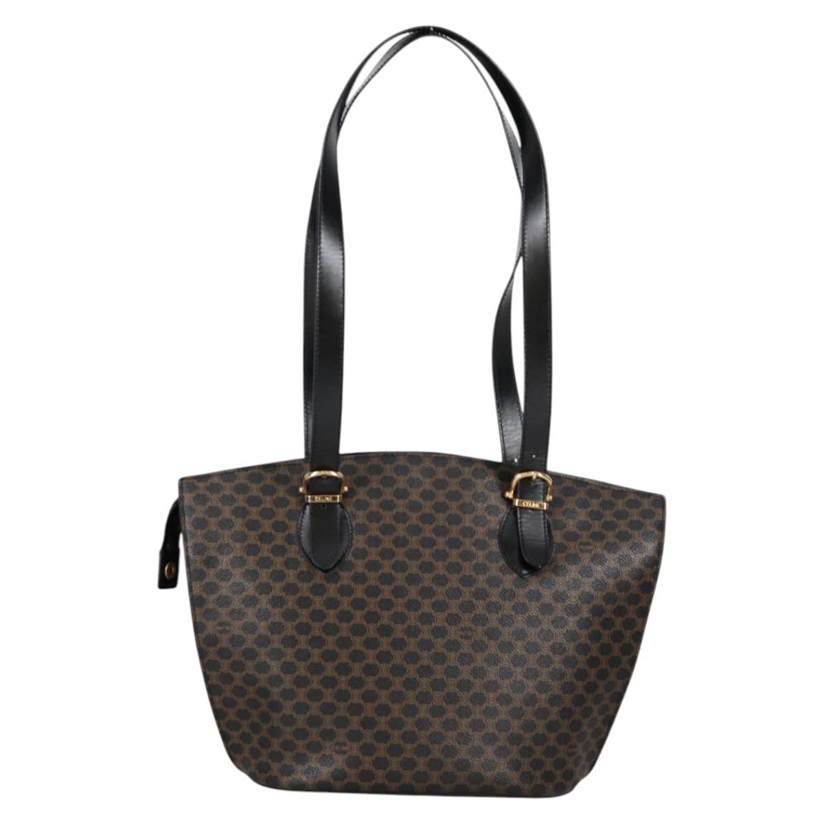 CELINE Macadam Canvas Shoulder Bag PVC Leather Black Gold Auth am8906V