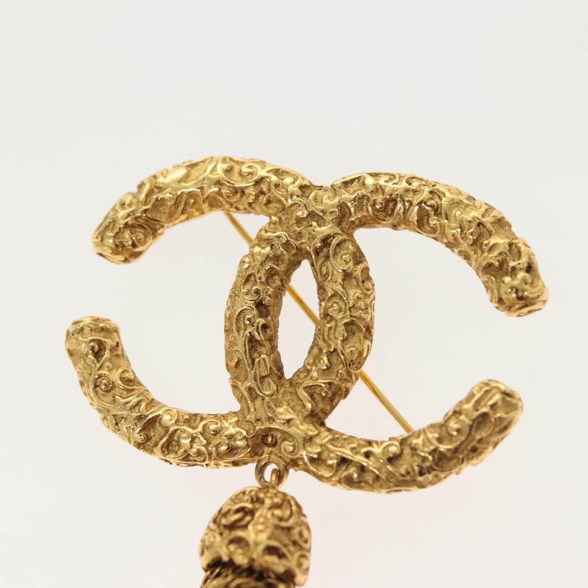 CHANEL COCO Mark Lava Fringe Brooch metal Gold CC Auth am8932V