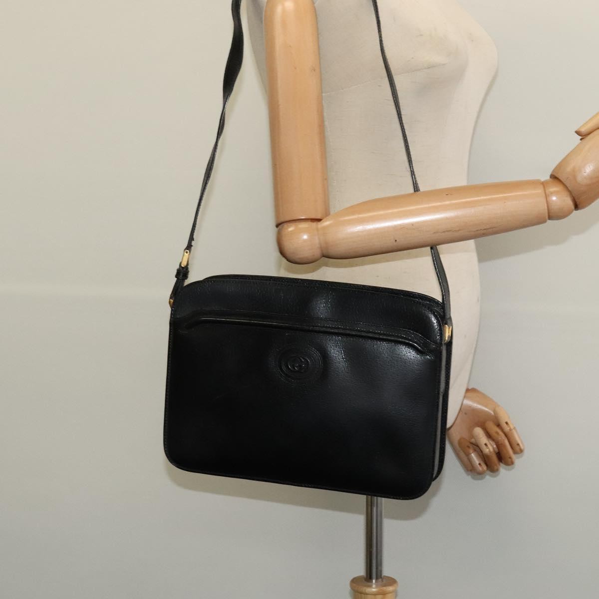 GUCCI Shoulder Bag Leather Black Gold 001 256 0609 Auth am8954