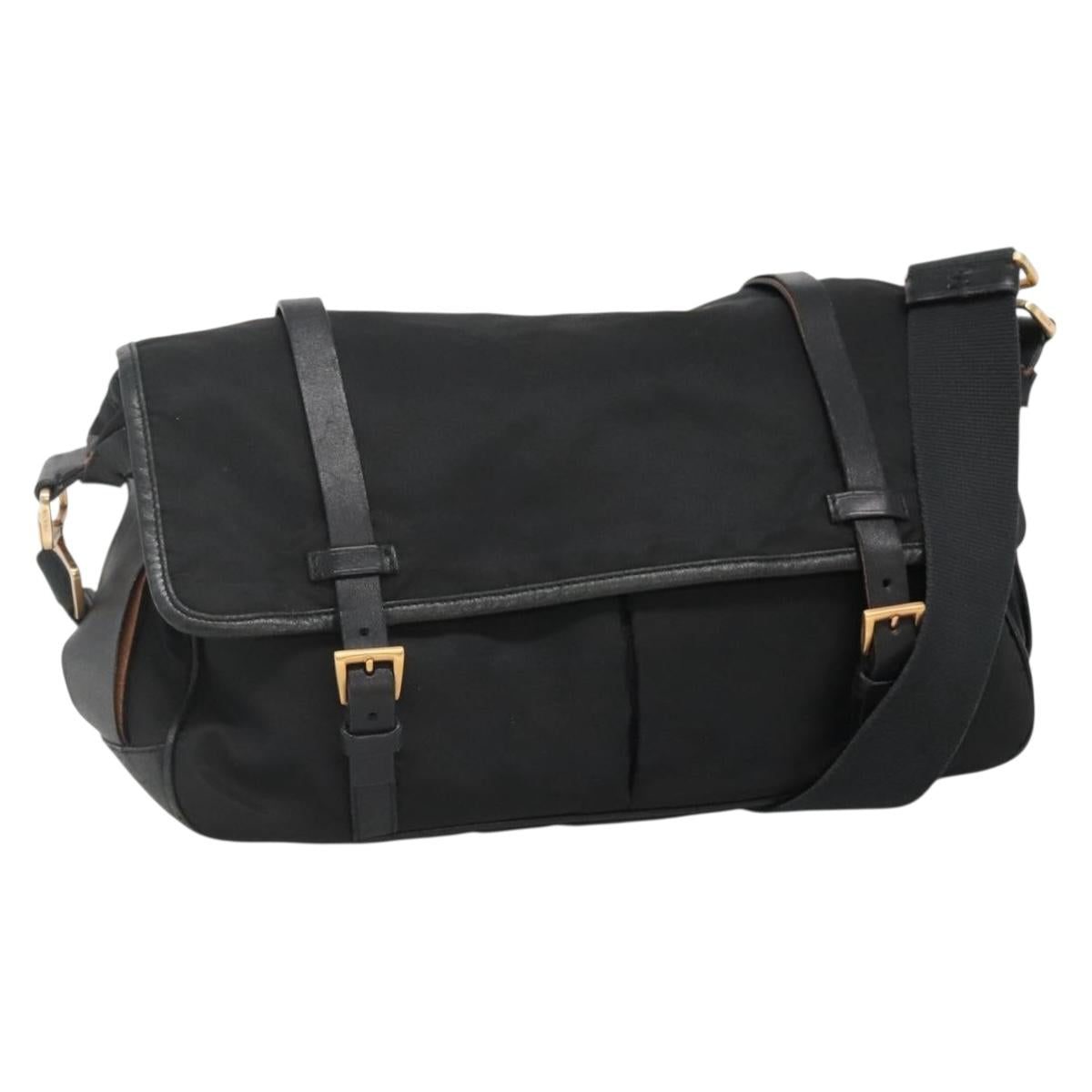 PRADA Shoulder Bag Nylon Leather Black Gold Auth am8984