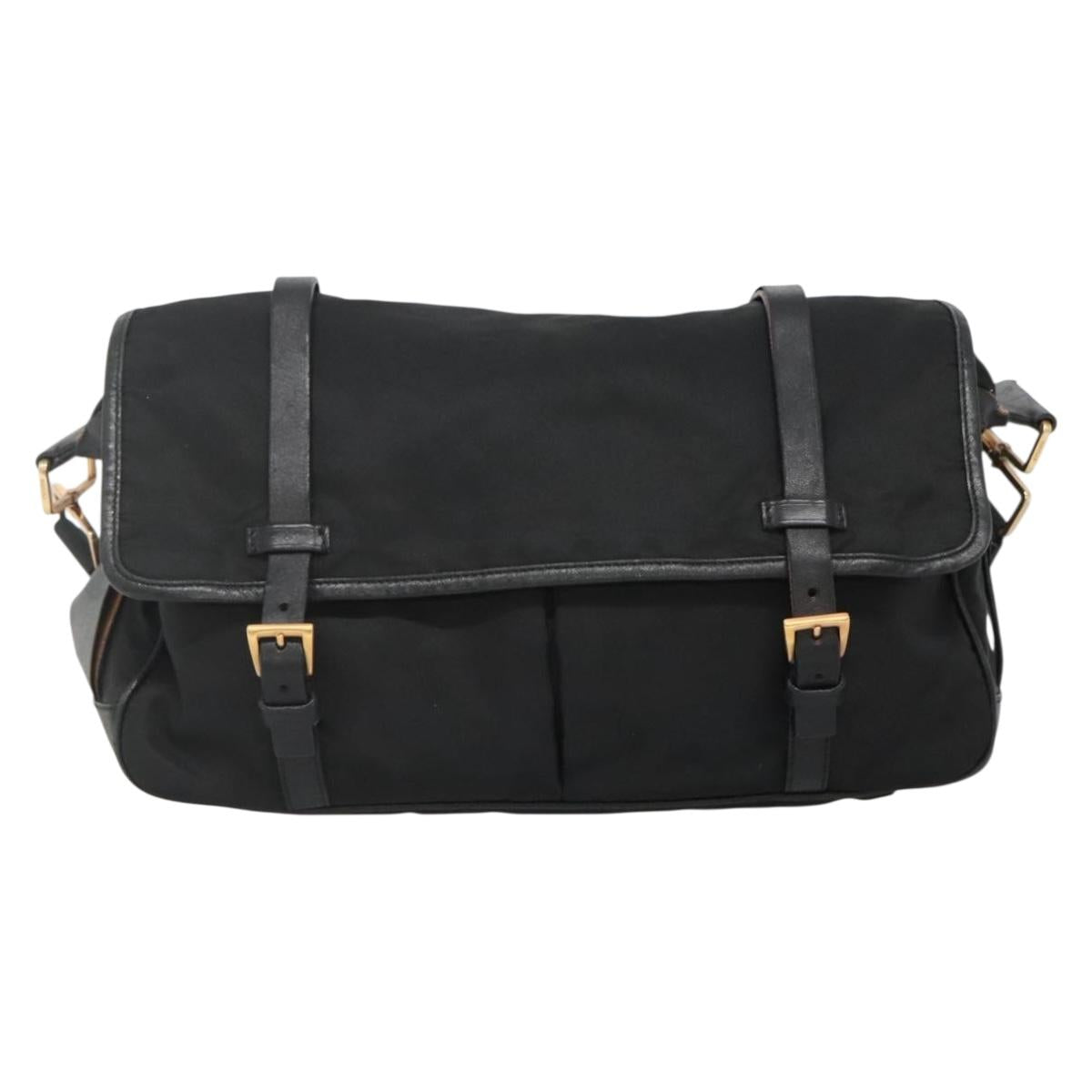 PRADA Shoulder Bag Nylon Leather Black Gold Auth am8984