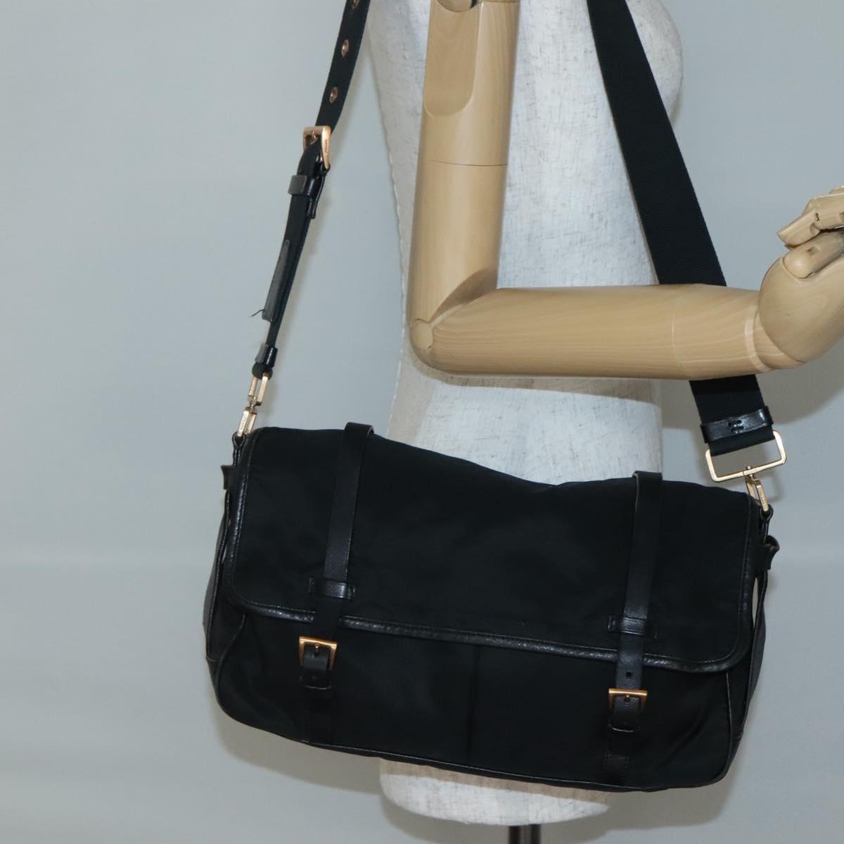 PRADA Shoulder Bag Nylon Leather Black Gold Auth am8984