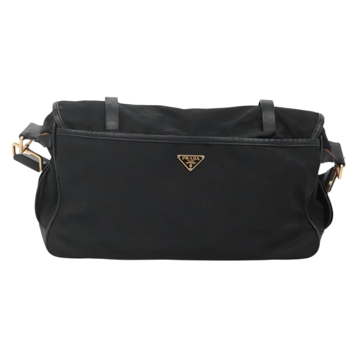 PRADA Shoulder Bag Nylon Leather Black Gold Auth am8984