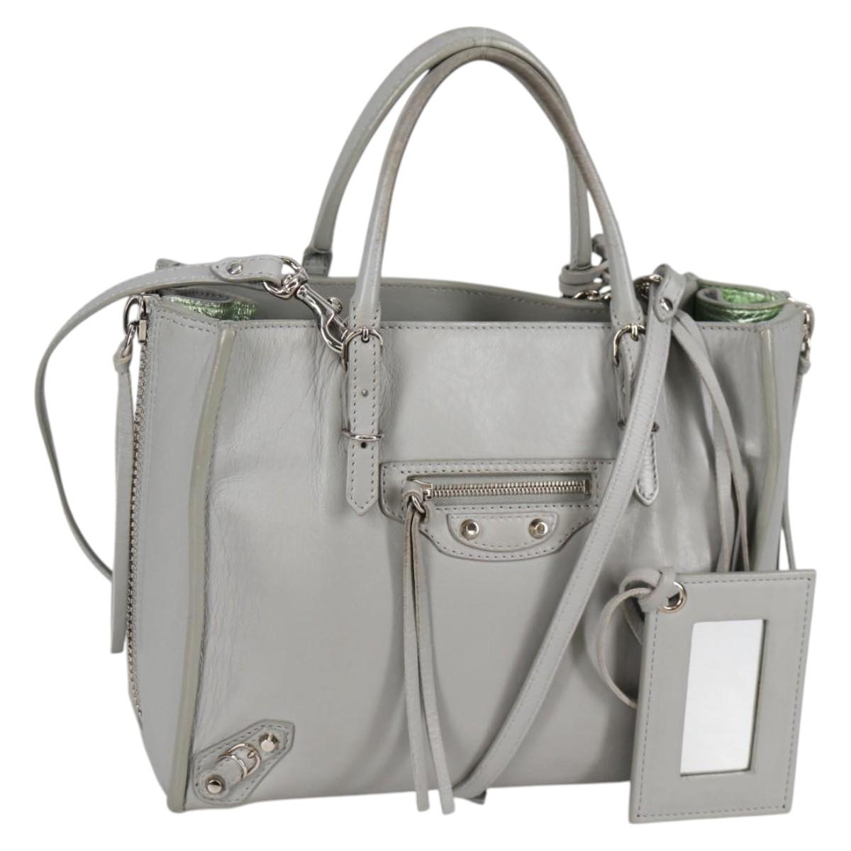 BALENCIAGA Paper Mini Hand Bag Leather 2way Gray Silver Auth am8990V