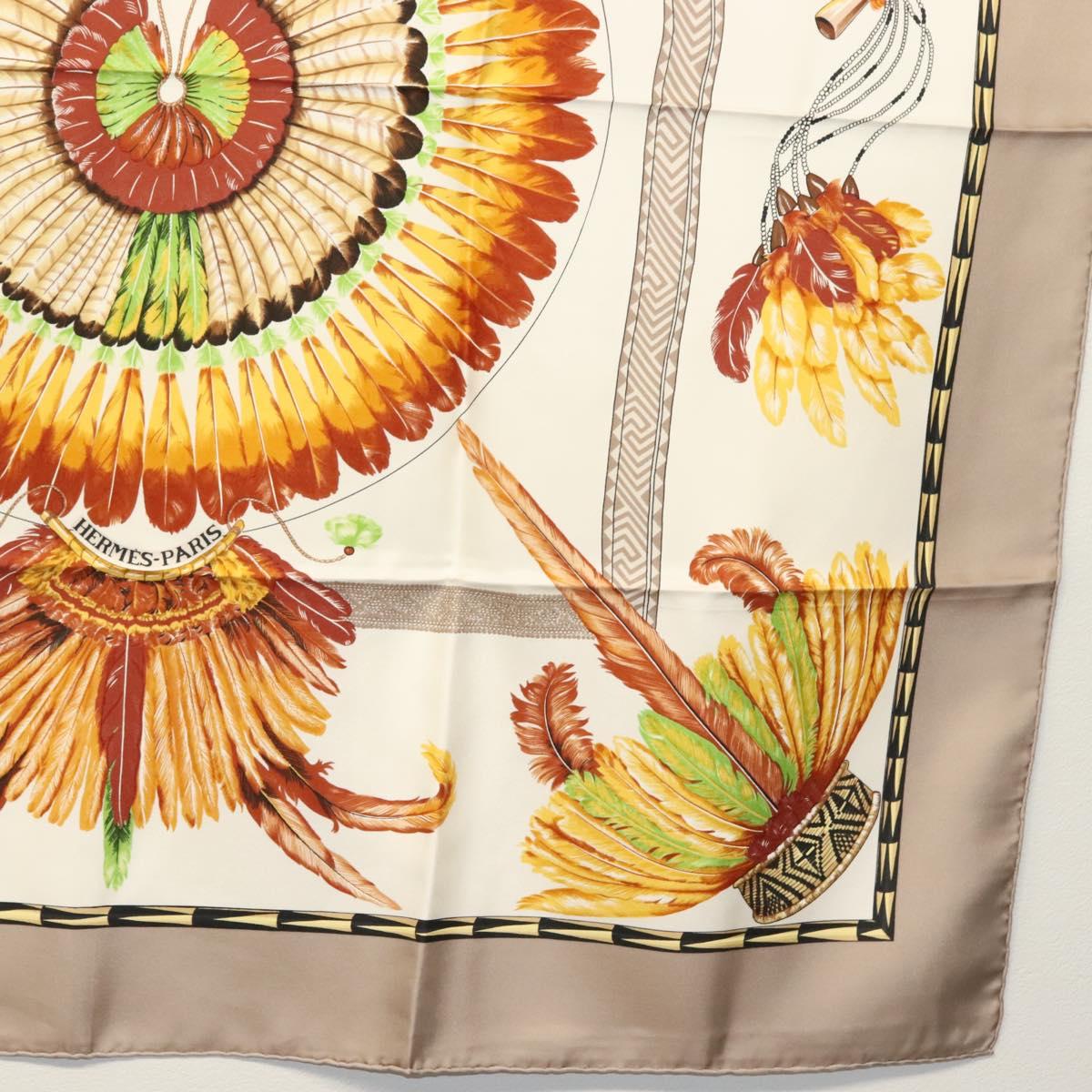 HERMES Carre 90 Scarf ""BRAZIL"" Silk Beige Auth am9005