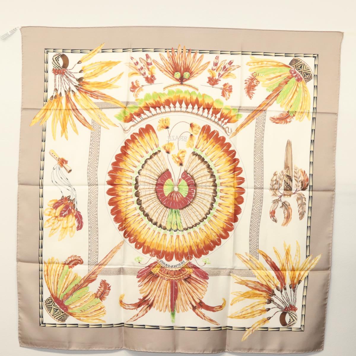 HERMES Carre 90 Scarf ""BRAZIL"" Silk Beige Auth am9005