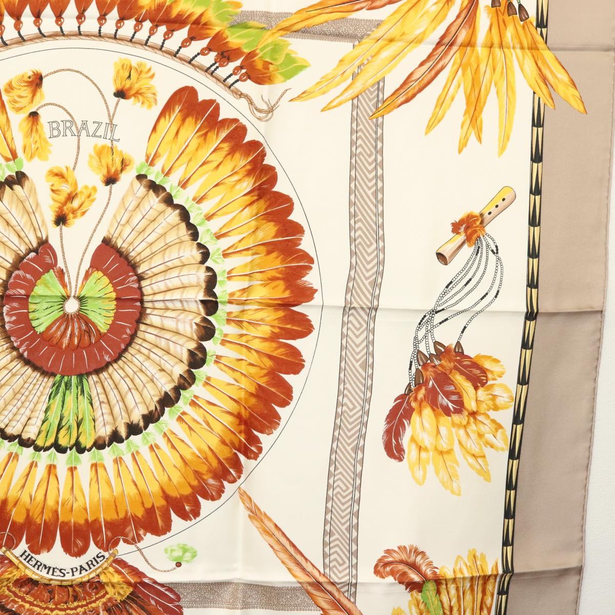 HERMES Carre 90 Scarf ""BRAZIL"" Silk Beige Auth am9005