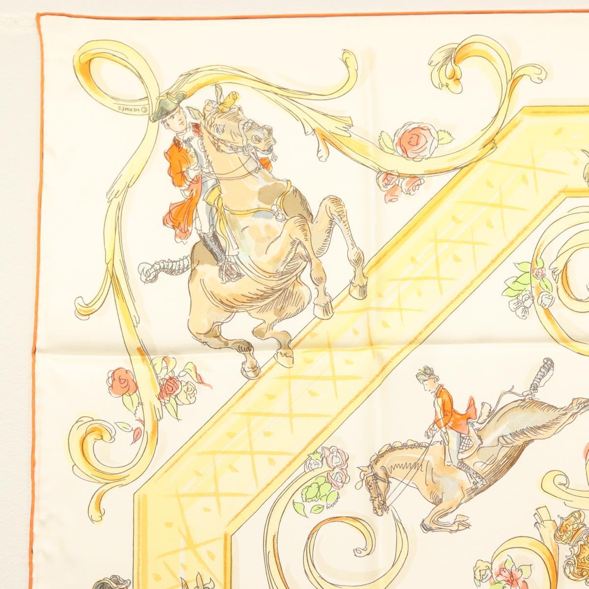 HERMES Carre 90 Scarf ""École Portugaise d'Art Équestre"" Silk Beige Auth am9006