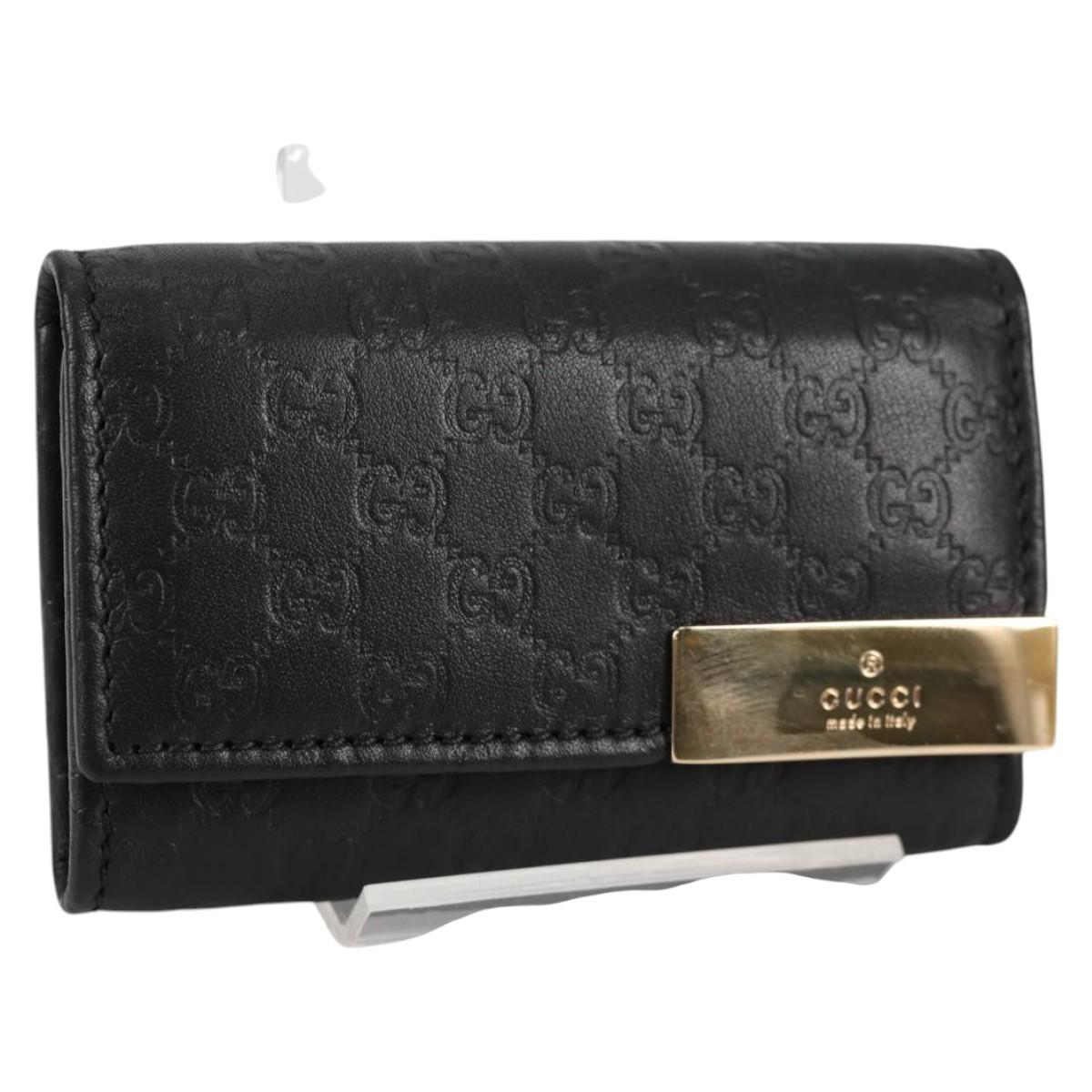 GUCCI GG Canvas Guccissima Key Case Leather Black Gold 268833 2184 Auth am9008V