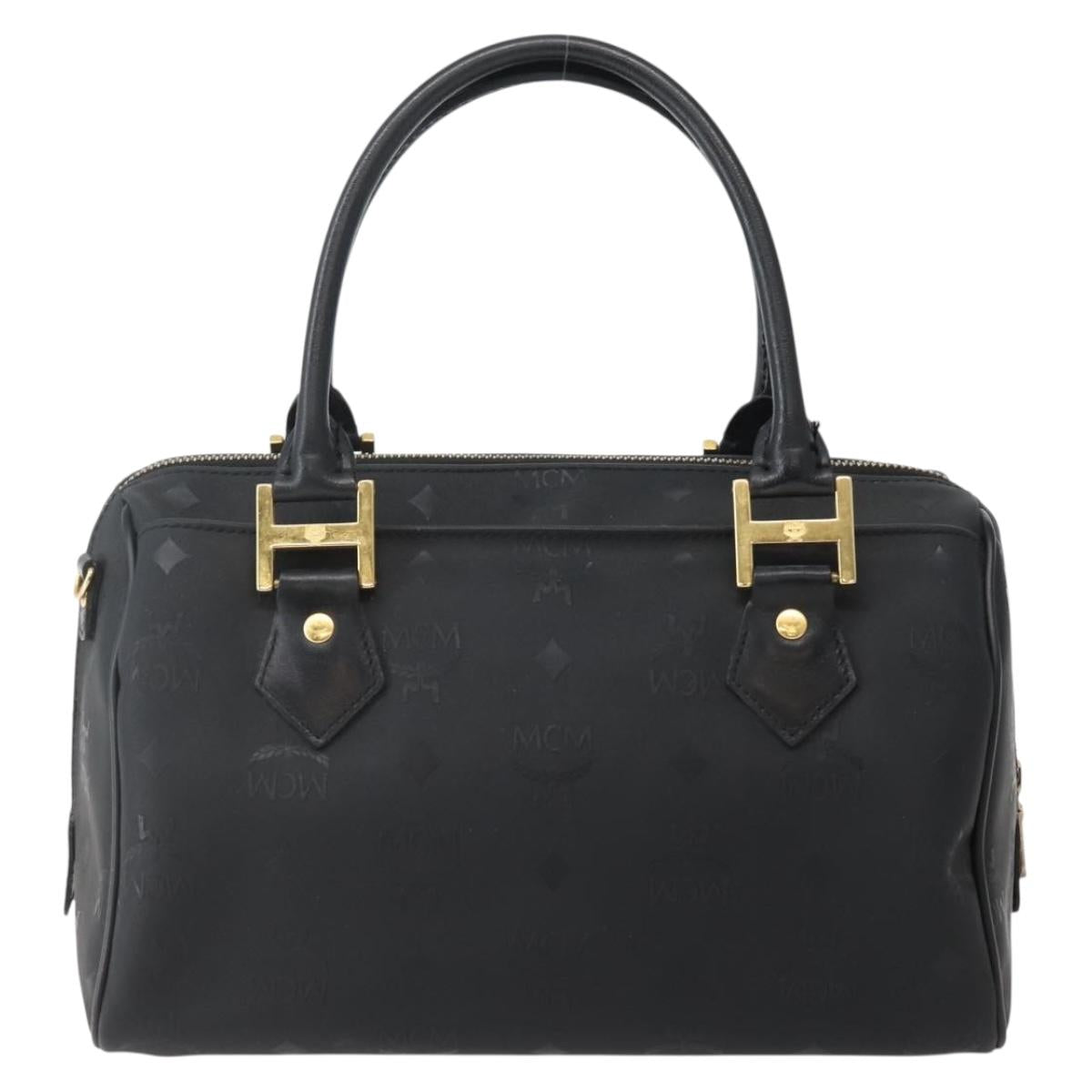 MCM Logogram Vicetos Boston Bag PVC Black Gold Auth am9026