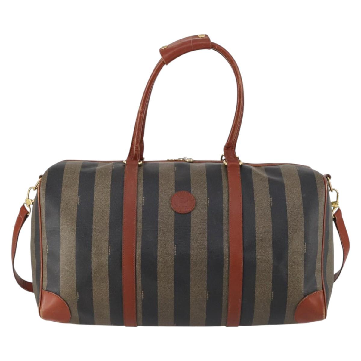 FENDI Pecan Canvas Boston Bag PVC 2way Black Brown gold Auth am9033