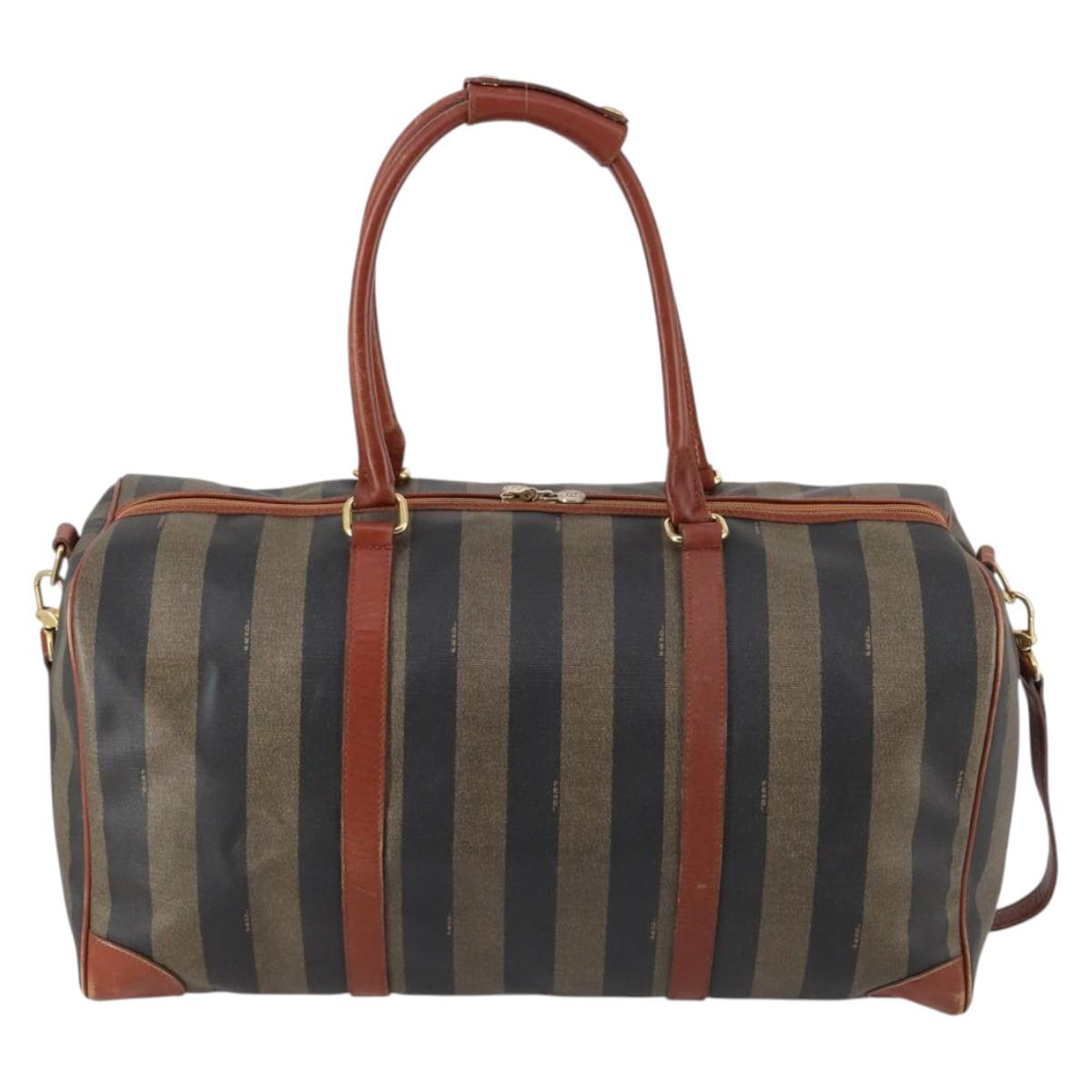 FENDI Pecan Canvas Boston Bag PVC 2way Black Brown gold Auth am9033