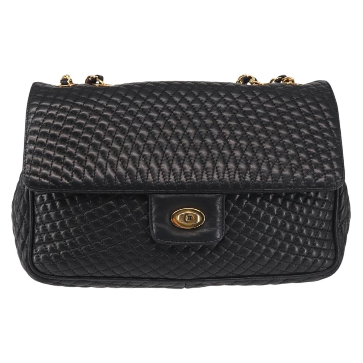 BALLY Chain Shoulder Bag Leather Black Gold Auth am9054