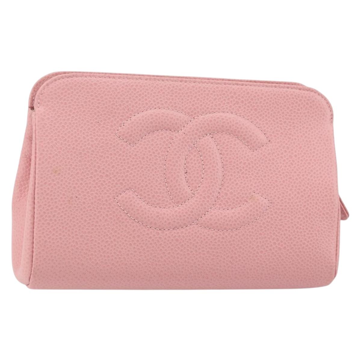 CHANEL COCO Mark Pouch Caviar Skin Pink Gold CC Auth am9058