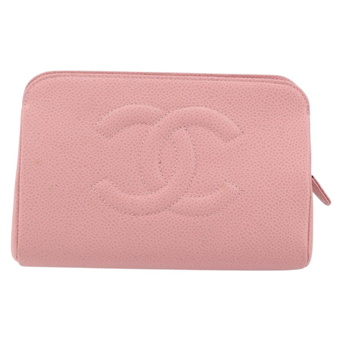 CHANEL COCO Mark Pouch Caviar Skin Pink Gold CC Auth am9058
