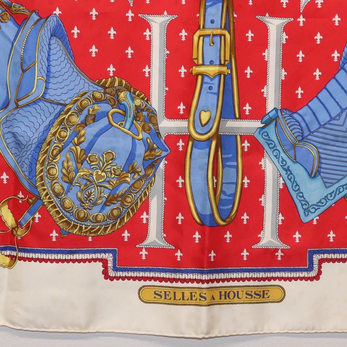 HERMES Carre 90 Scarf ""SELLES A HOUSSE"" Silk Red Auth am9081