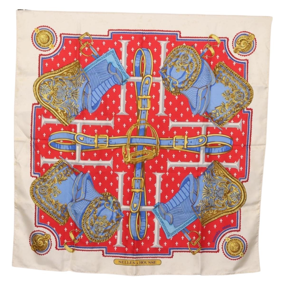 HERMES Carre 90 Scarf ""SELLES A HOUSSE"" Silk Red Auth am9081
