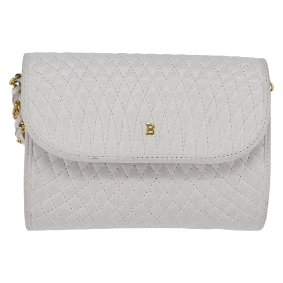 BALLY Chain Shoulder Bag Leather White Gold Auth am9085
