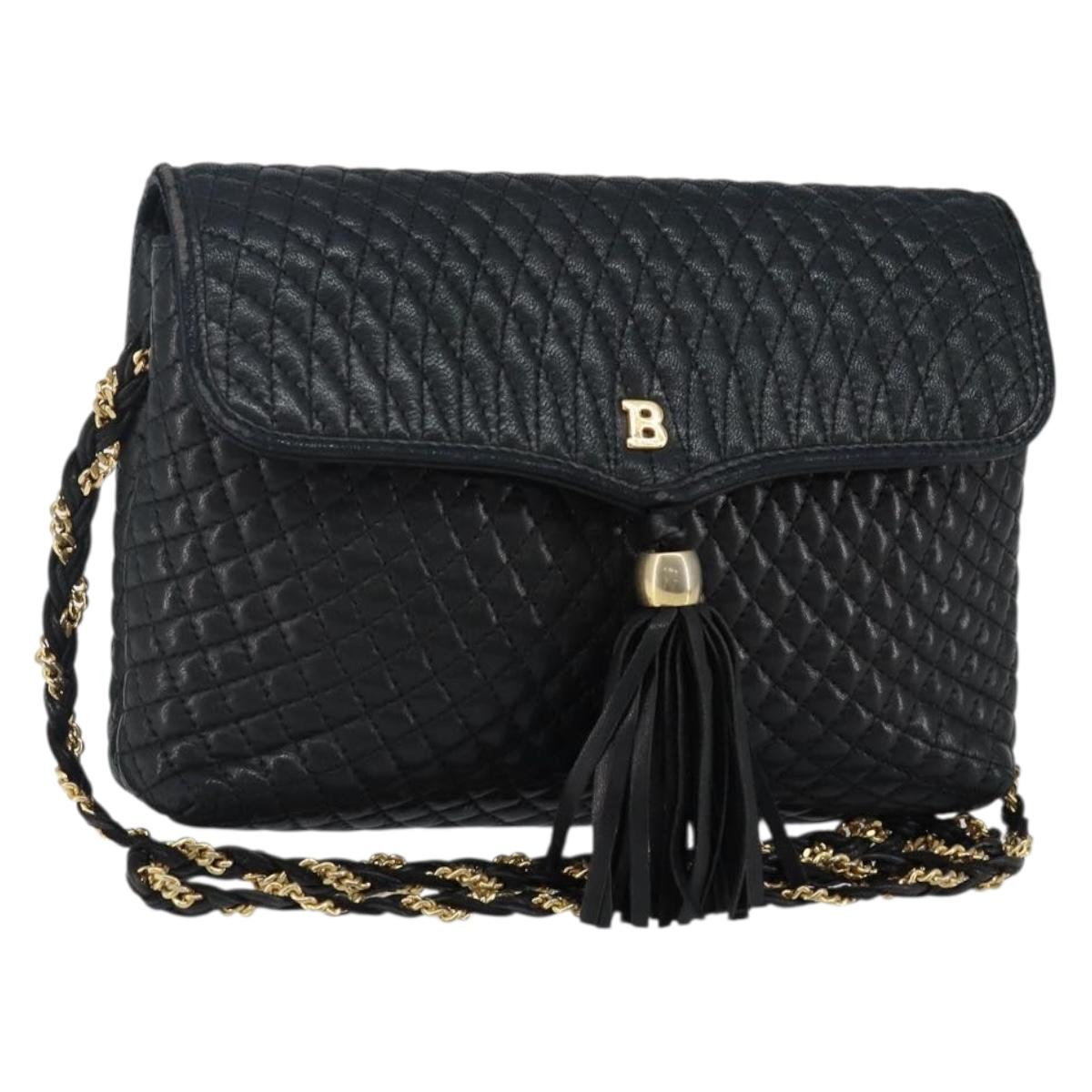 BALLY Chain Shoulder Bag Leather Black Gold Auth am9112