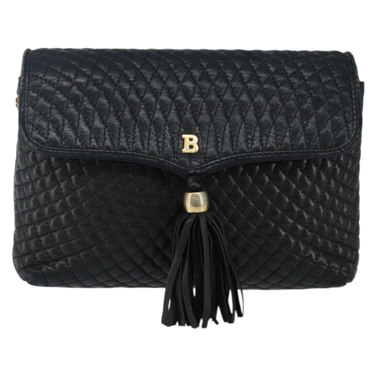 BALLY Chain Shoulder Bag Leather Black Gold Auth am9112